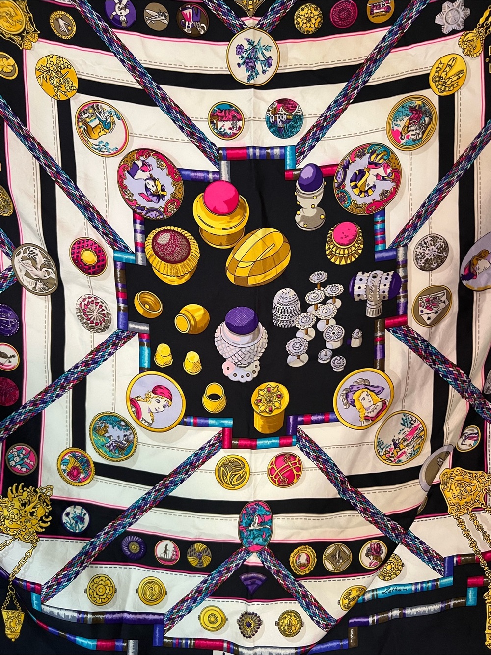 Hermes Black, White, Gold, Purple & Pink Silk Scarf